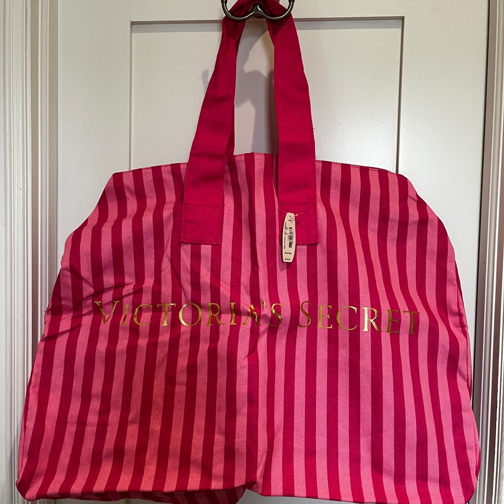 Victoria's Secret Pink Striped Tote Bag with Bold Design